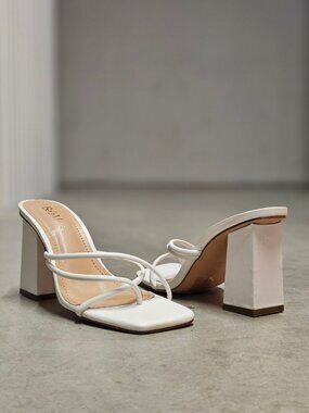 Womens White Strappy Block Heel Sandals With Square Toe Design